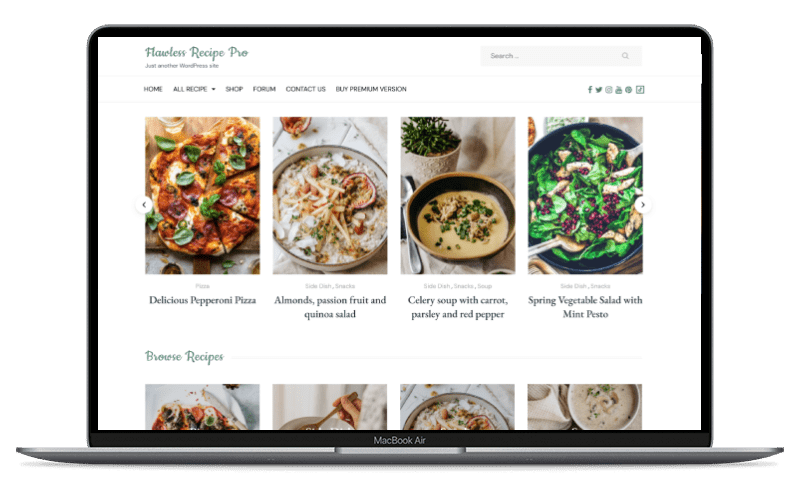 Screenshot of the homepage of Flawless Recipe Blog WordPress Theme