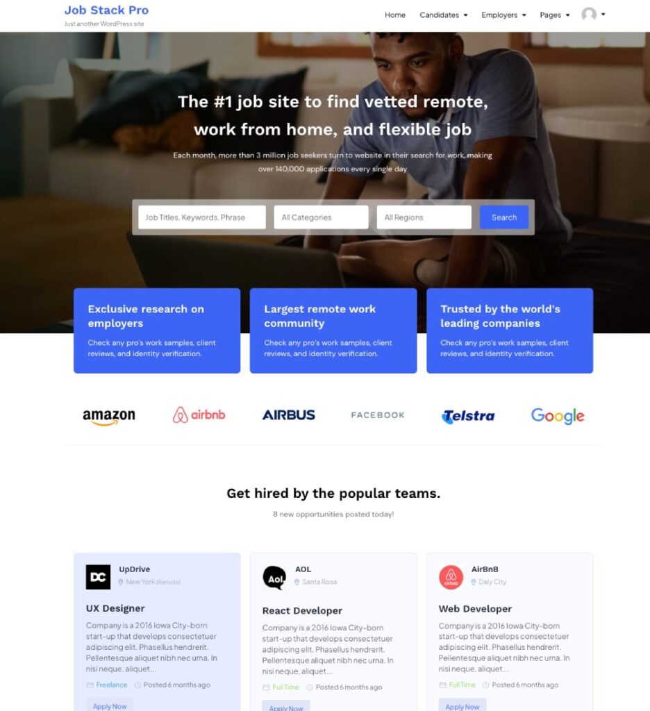 Screenshot of the homepage of Job Stack Pro WordPress Theme